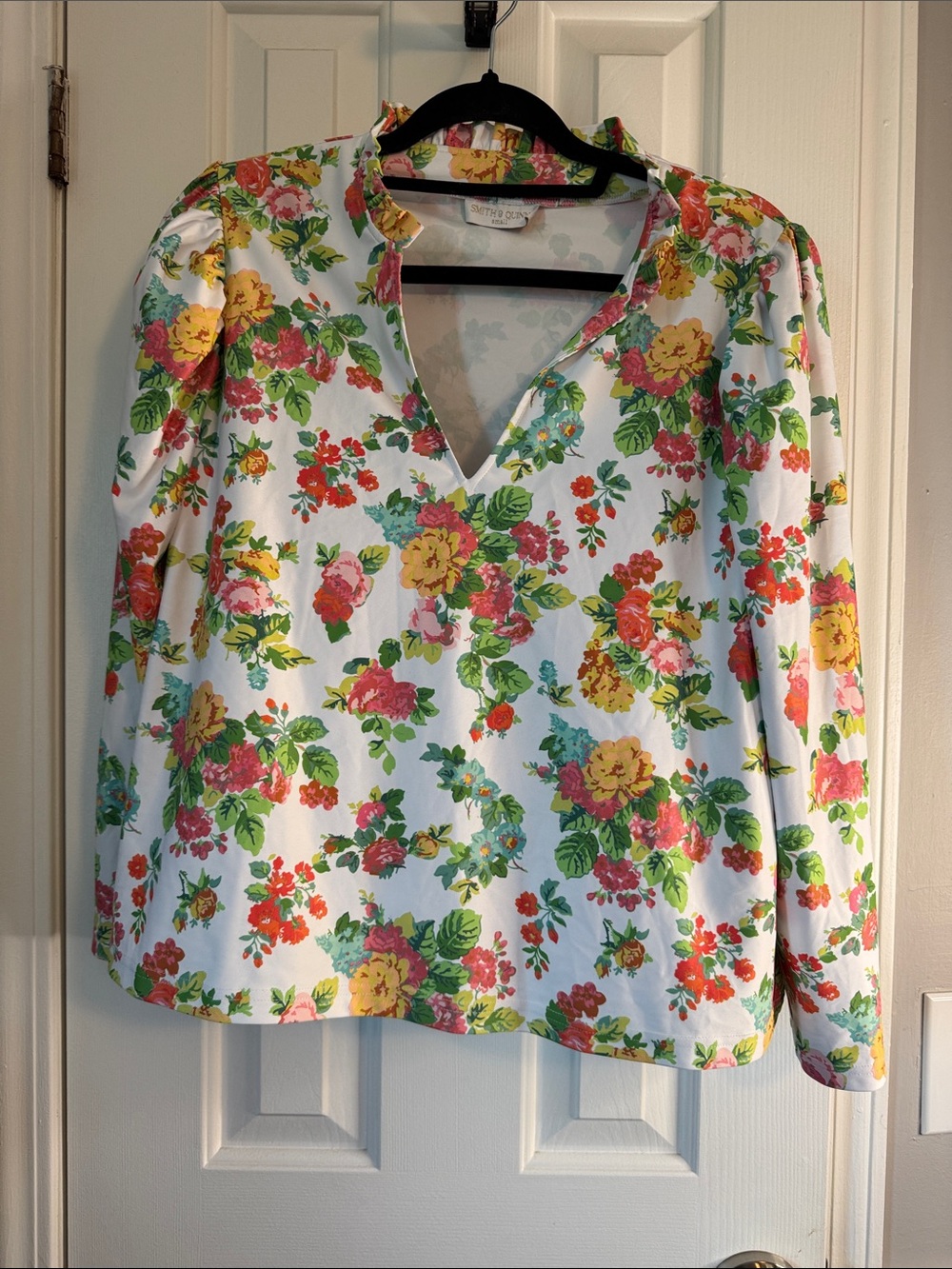 Floral V-Neck Blouse in White with Yellow & Pink Blooms (26)